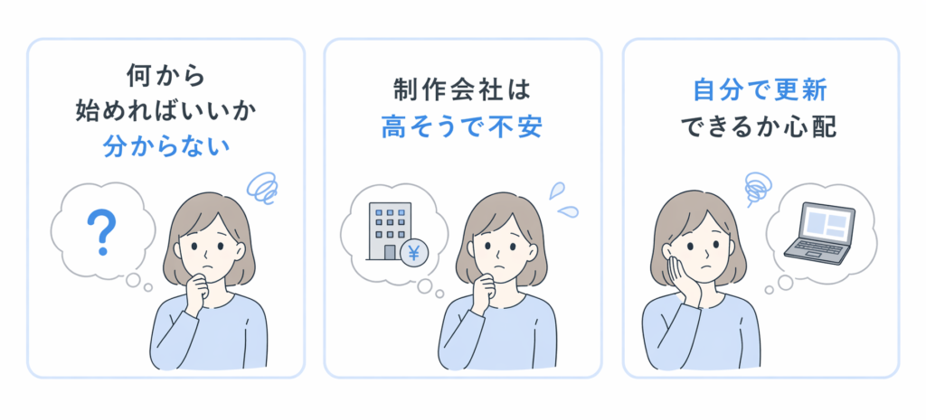何から始めればいいか分からない
制作会社は高そうで不安
自分で更新できるか心配